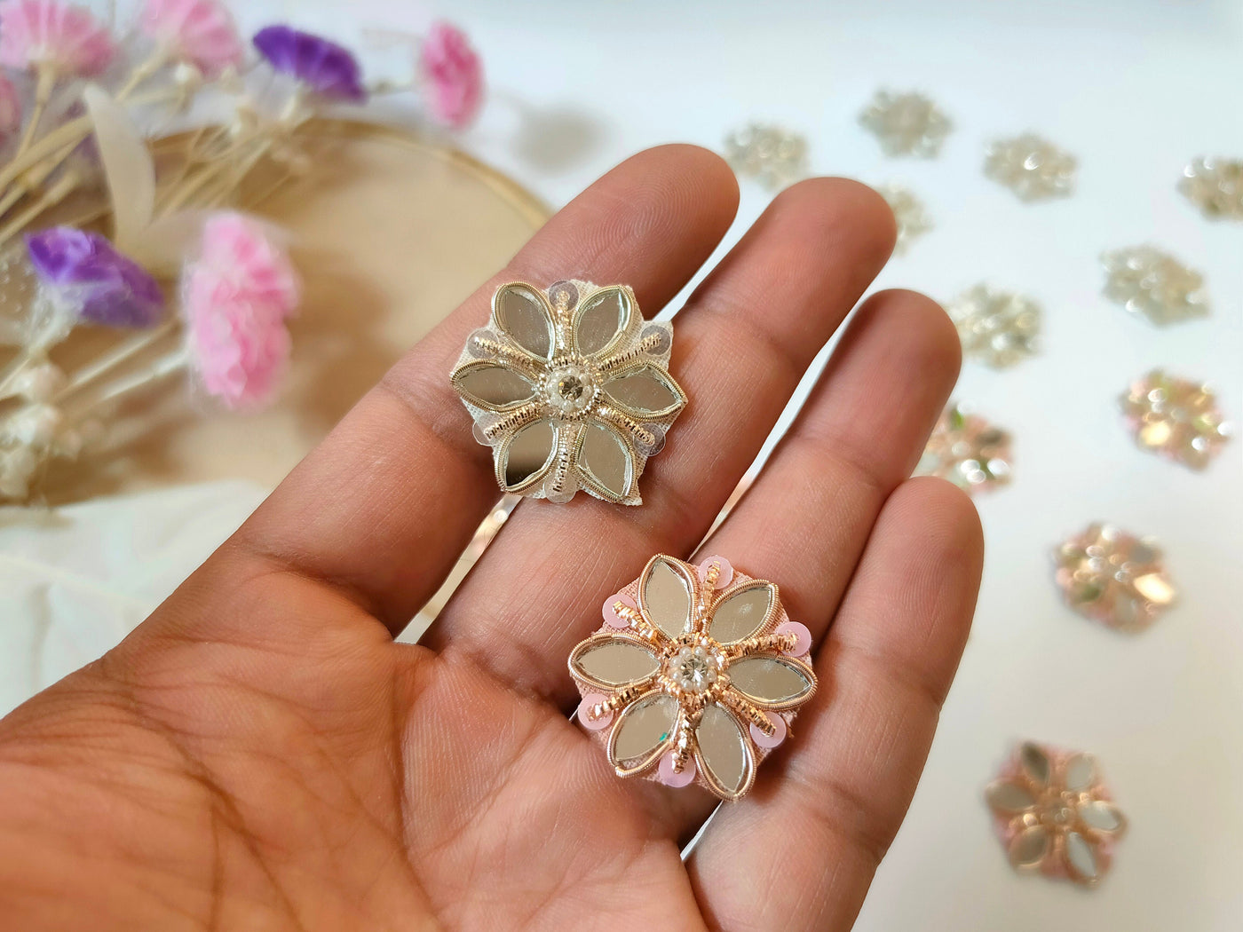 Zardozi Embroidered Flower Applique Patches: Silver & Rose Gold Mirror, Indian Sewing Embellishments (25 Pc)