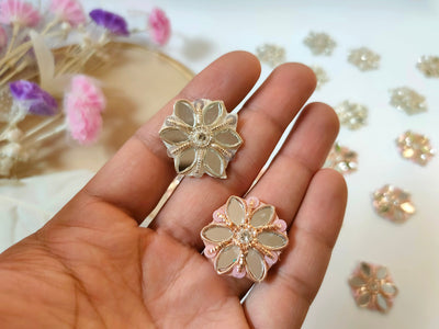 Zardozi Embroidered Flower Applique Patches: Silver & Rose Gold Mirror, Indian Sewing Embellishments (25 Pc)