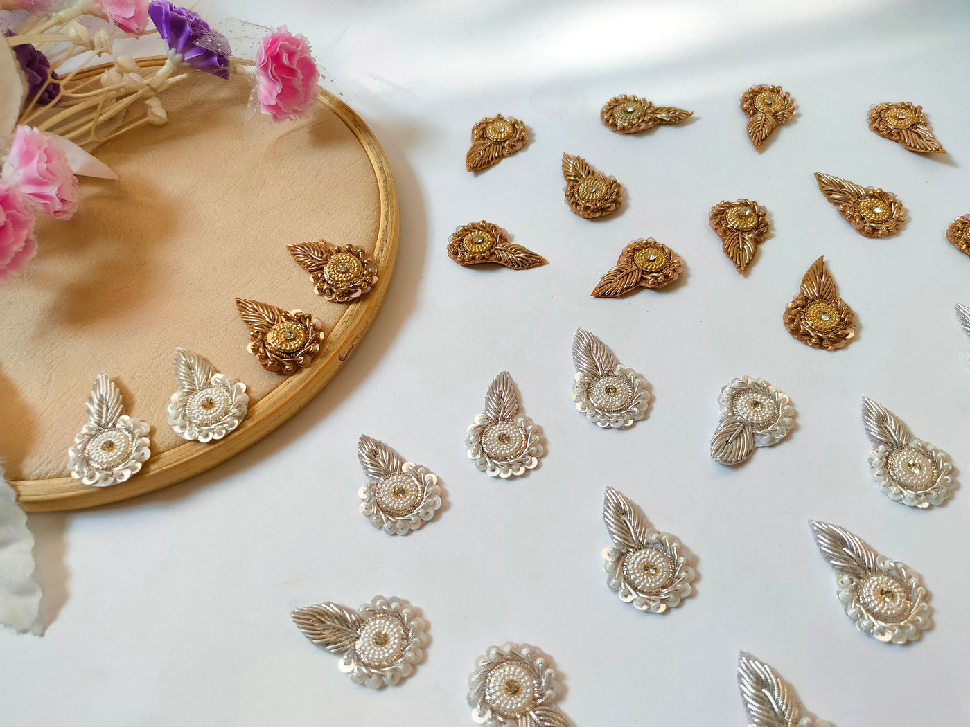 25 Pc - Silver/ Gold Zardozi Embroidered Applique Patches, Indian Decorative Sewing Patch