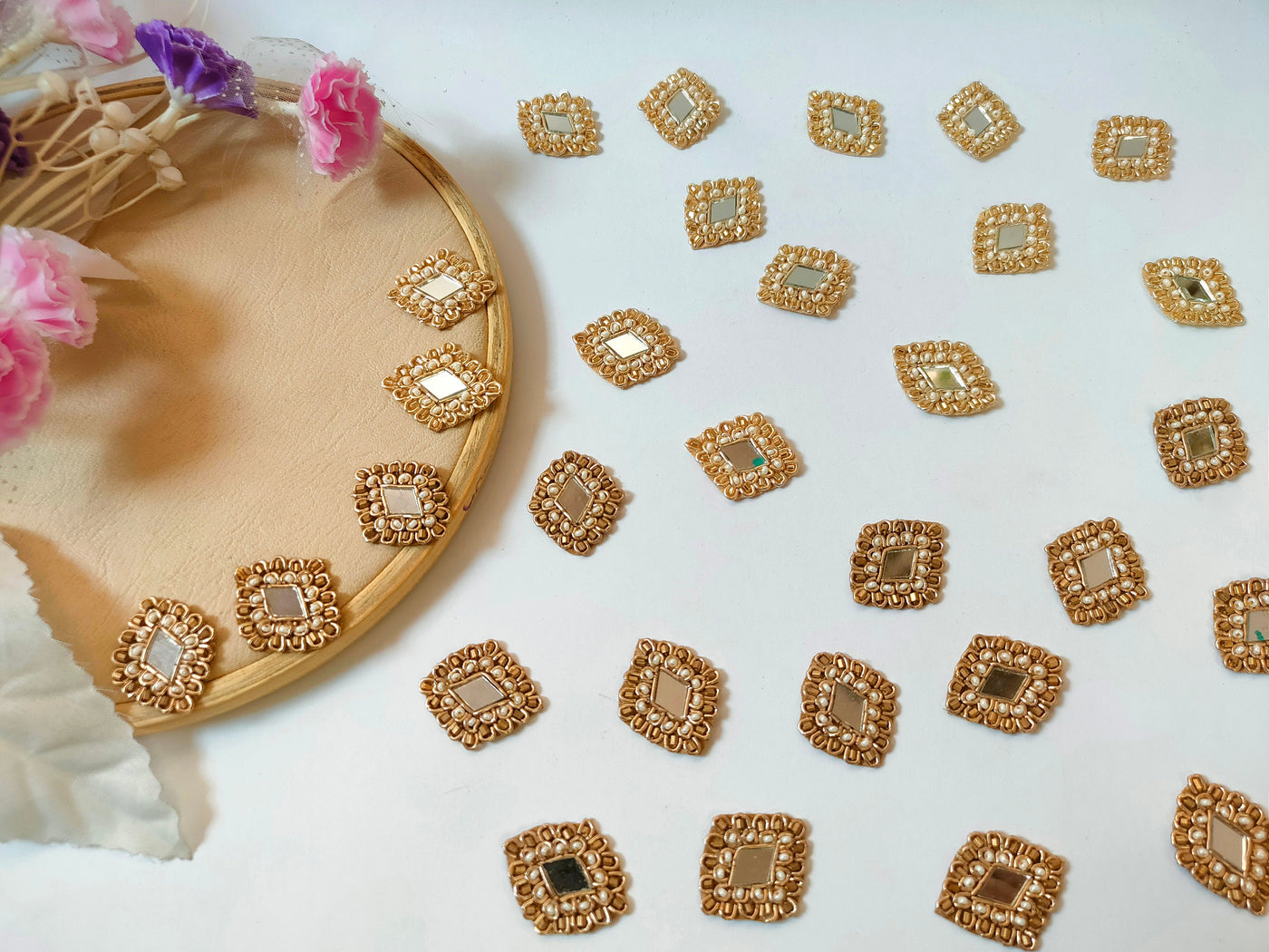 25 Pcs Antique Gold Zardozi Mirror Applique Patches: Indian Embroidery