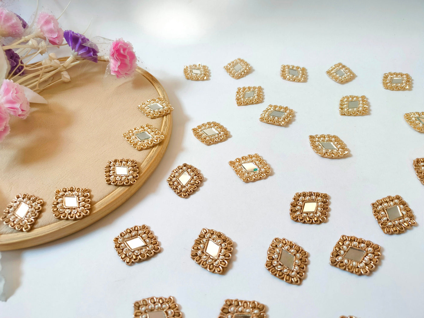 25 Pcs Antique Gold Zardozi Mirror Applique Patches: Indian Embroidery