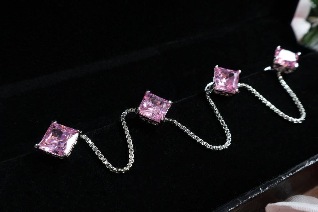 Pink Crystal Stud Buttons with Silver Chain: Kurta Buttons Set