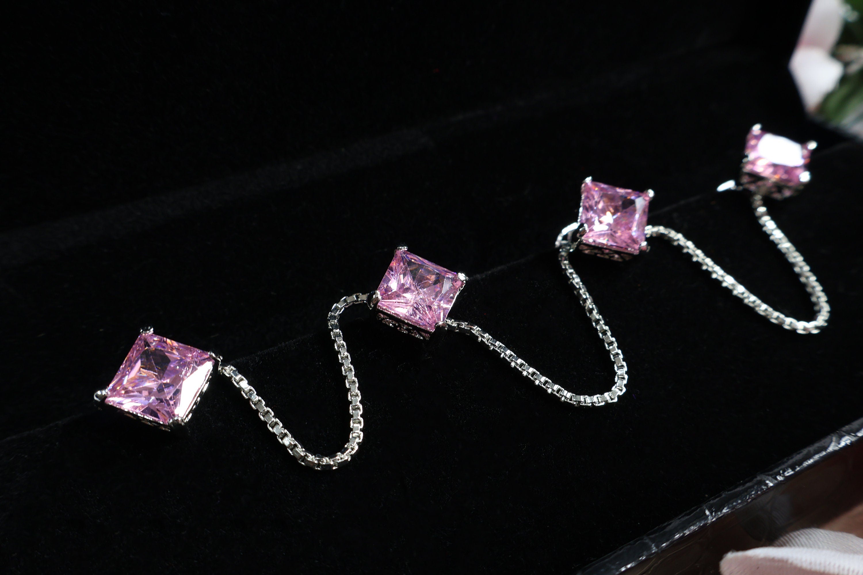 Pink Crystal Stud Buttons with Silver Chain: Kurta Buttons Set