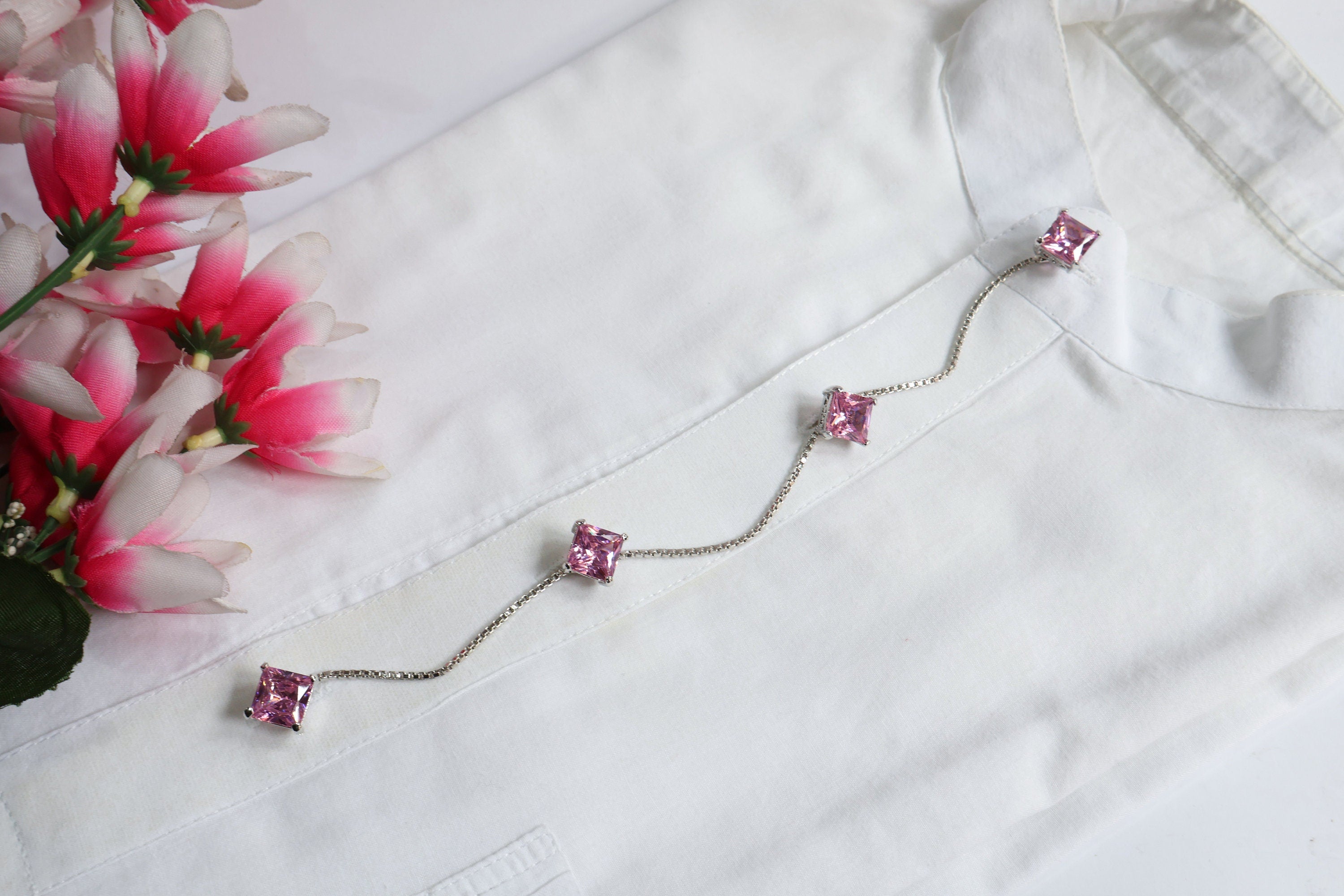 Pink Crystal Stud Buttons with Silver Chain: Kurta Buttons Set