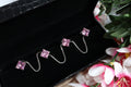Pink Crystal Stud Buttons with Silver Chain: Kurta Buttons Set