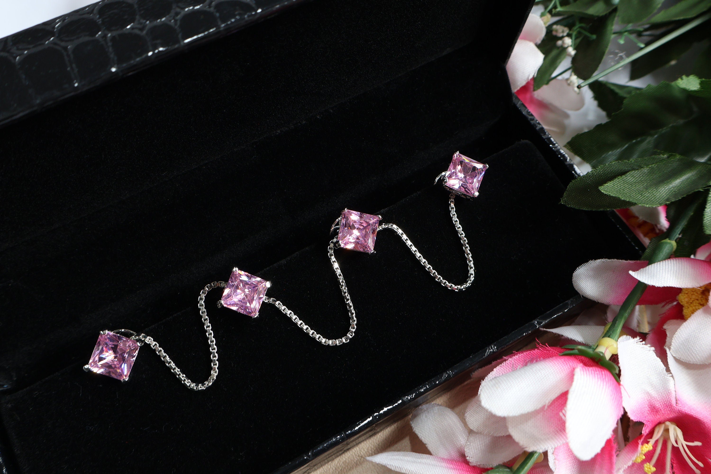 Pink Crystal Stud Buttons with Silver Chain: Kurta Buttons Set