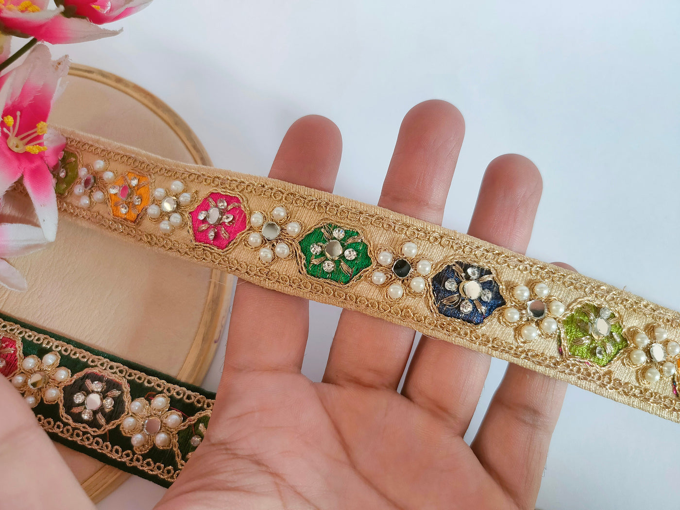 3 Yards Indian Saree Border Lace: Rama Green, Gold, Pearl & Mirror Trim