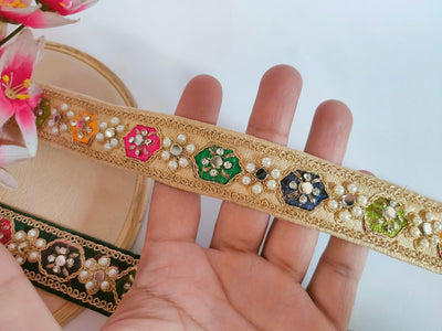 3 Yards Indian Saree Border Lace: Rama Green, Gold, Pearl & Mirror Trim