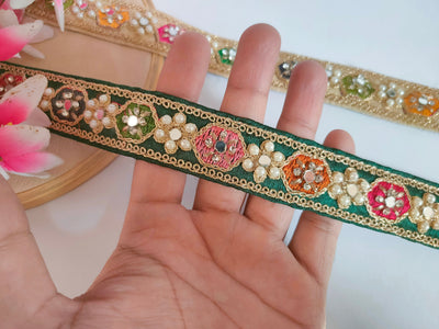 3 Yards Indian Saree Border Lace: Rama Green, Gold, Pearl & Mirror Trim