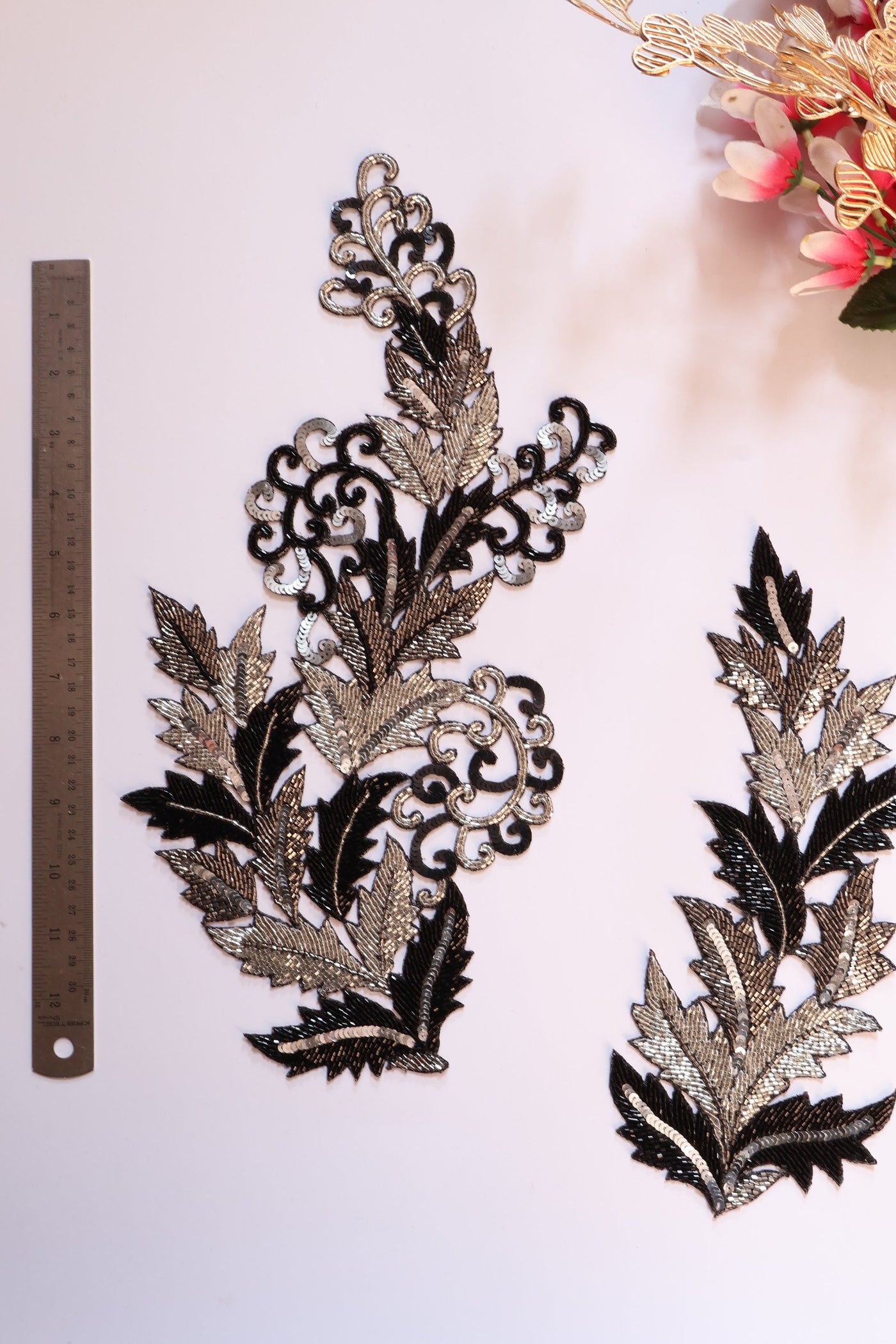 Silver & Black Miniature Indian Cutdana Applique Sew on Embroidered Patch - 1 Pair