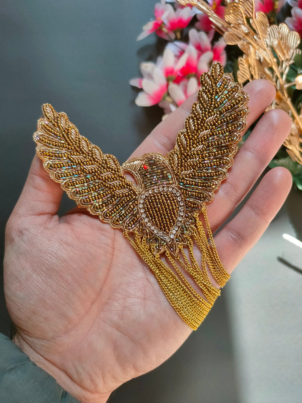 Gold Eagle Applique Patch: Indian Embroidered Sew-On with Suspended Chains
