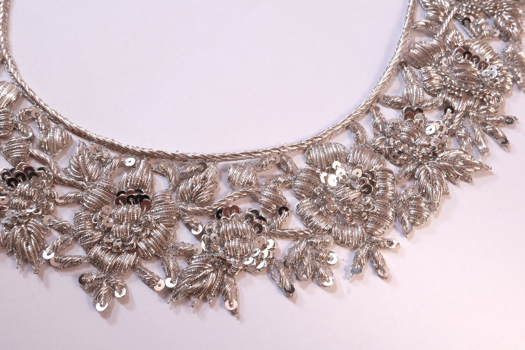 Silver Embroidered Applique: Handcrafted Indian Neckline Patch