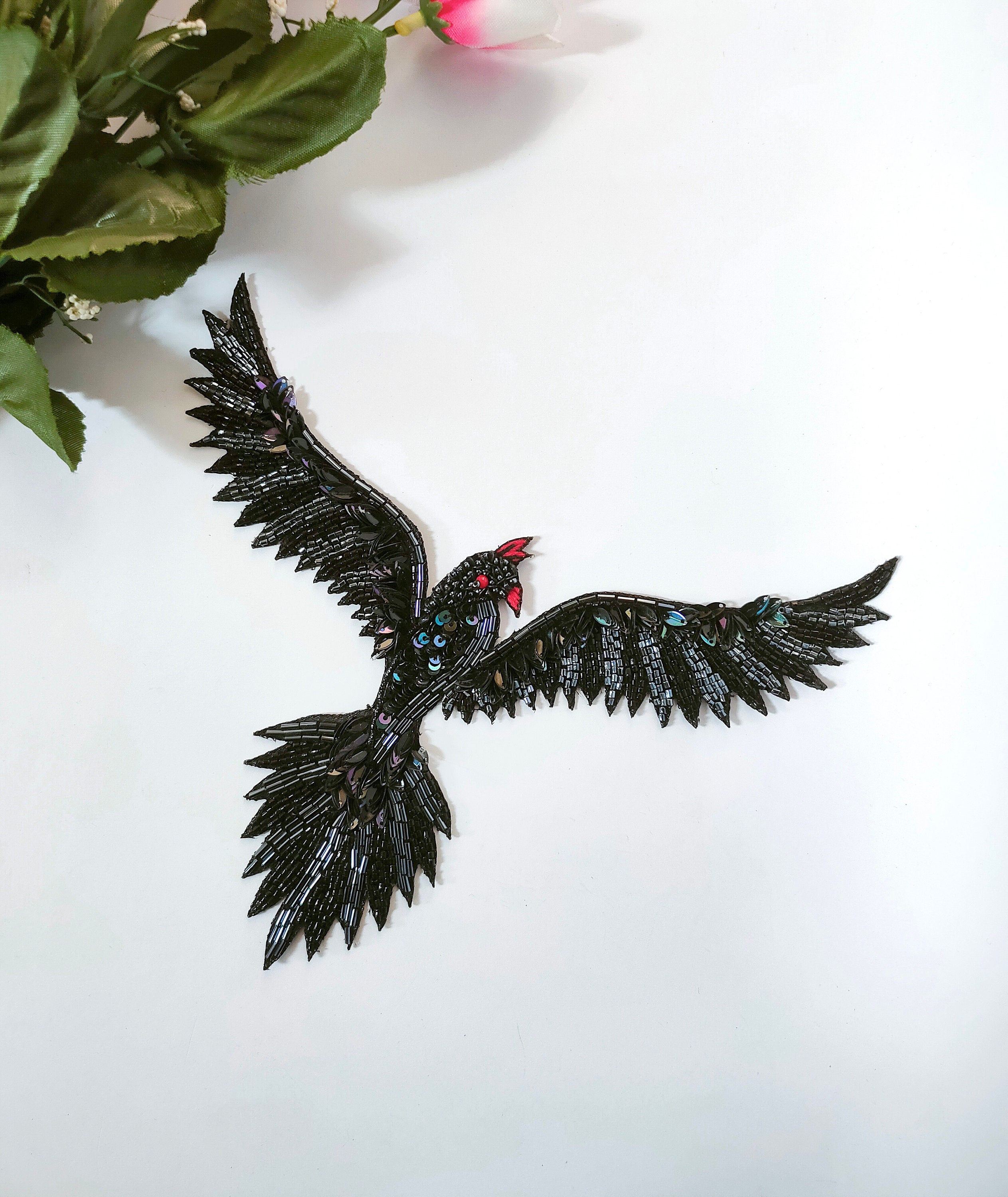 Sequin Flying Bird Patch: Steampunk Embroidered Applique (18x15 cm)