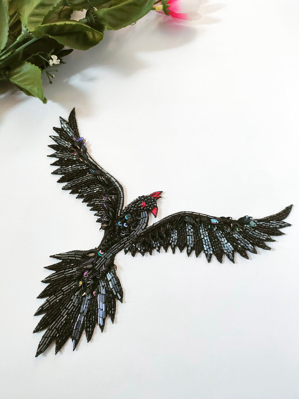 Sequin Flying Bird Patch: Steampunk Embroidered Applique (18x15 cm)