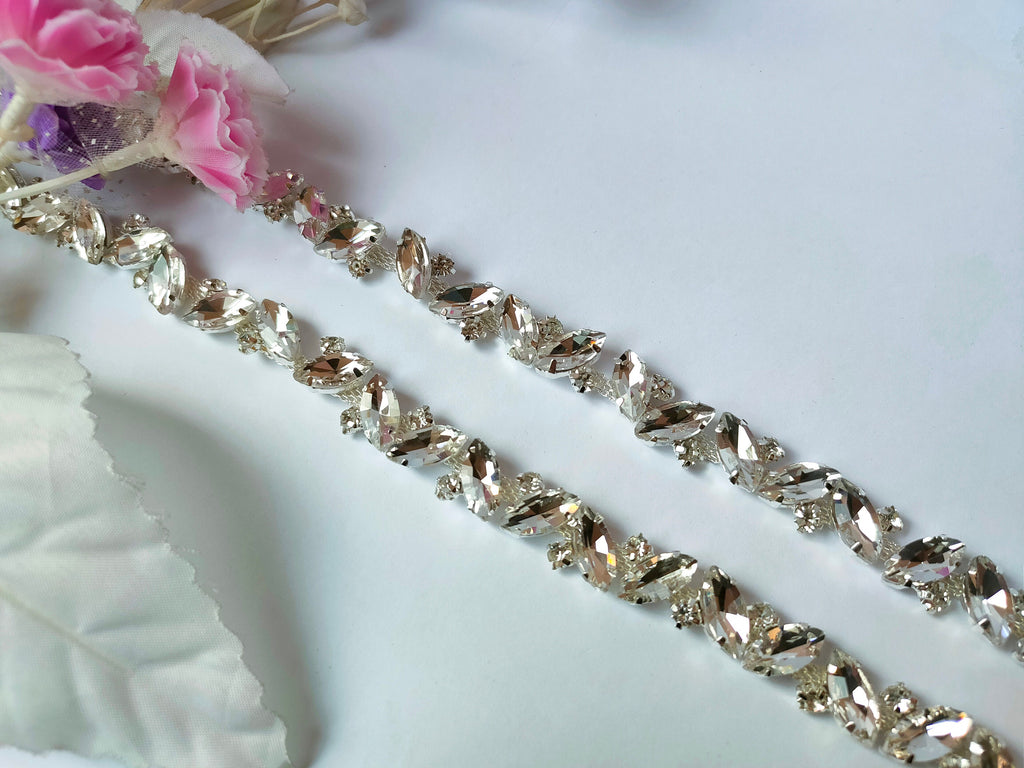 Crystal Rhinestone Trim: Silver Zircon Stonework Lace, 1 Yard
