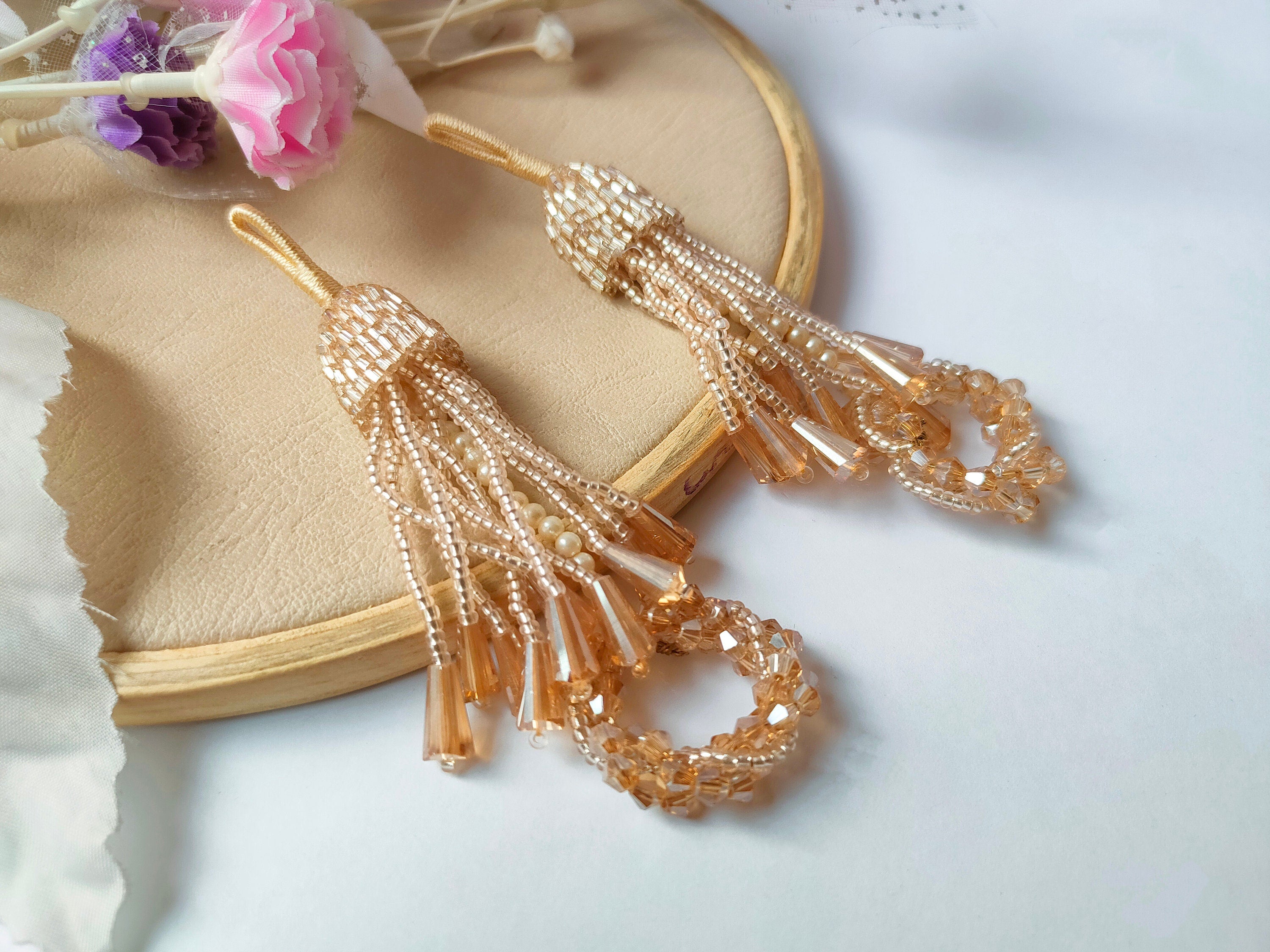 Champagne Gold Crystal & Pearl Tassel Latkan Pair: Indian Bridal Sari Embellishment