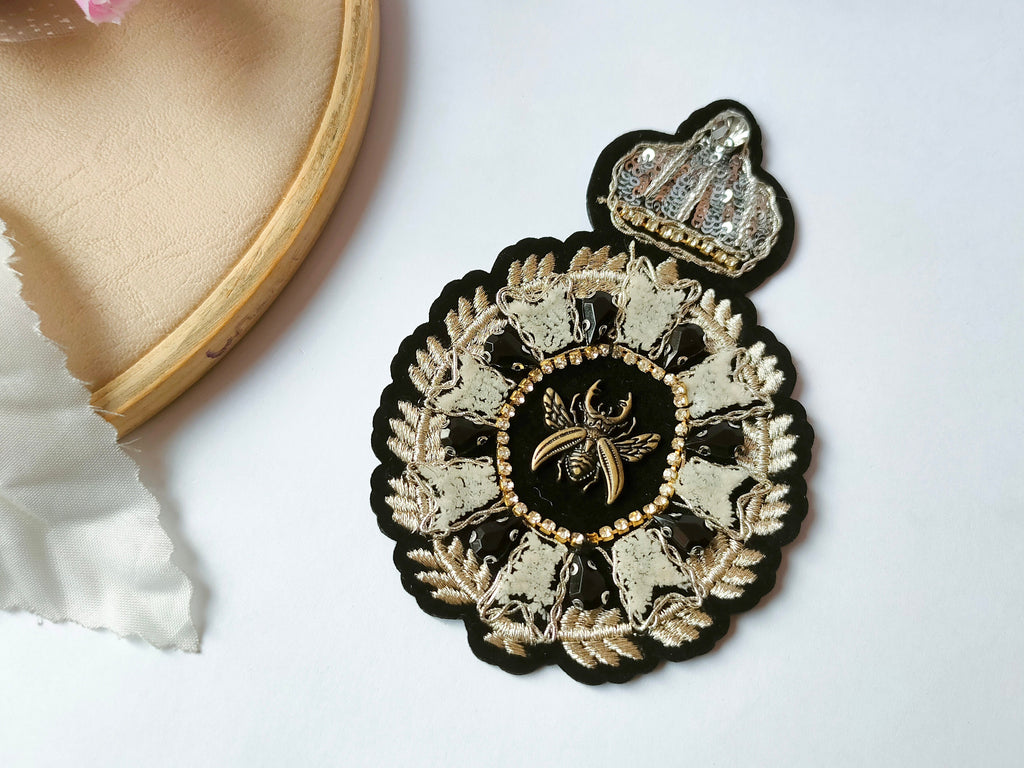 Embroidered Beetle Applique Patch: Black Fur & Rhinestone Steampunk Decoration
