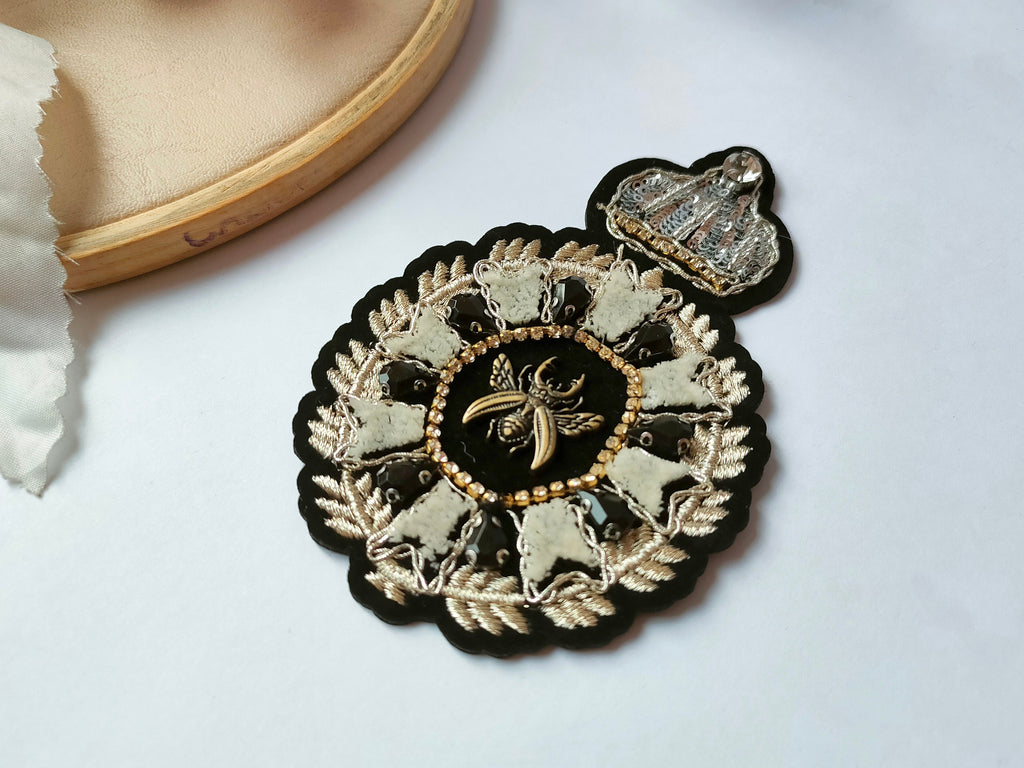 Embroidered Beetle Applique Patch: Black Fur & Rhinestone Steampunk Decoration