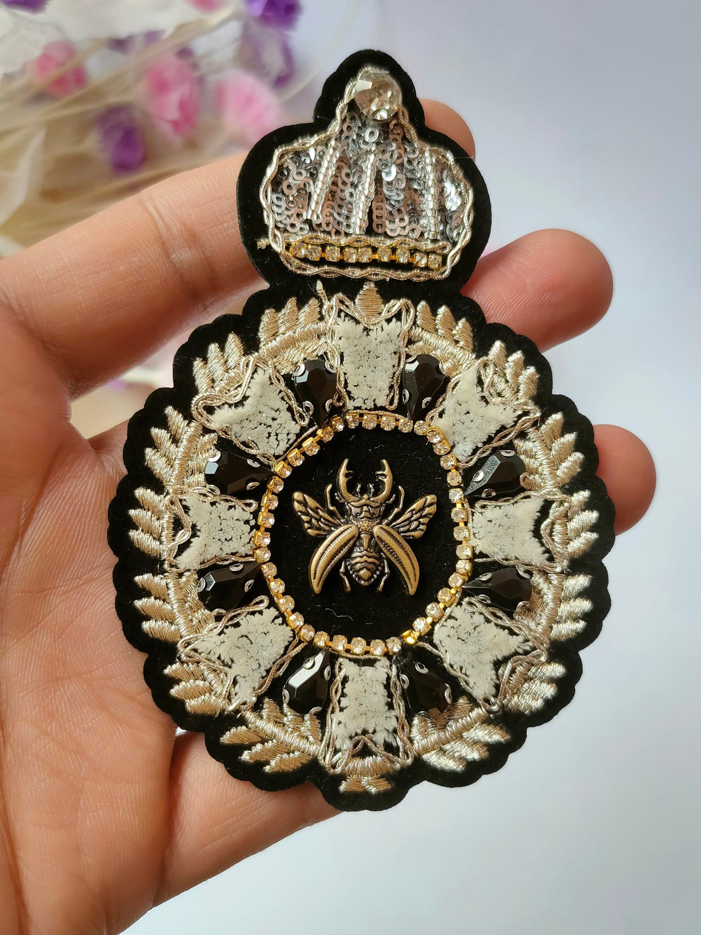 Black Embroidered Fur & Rhinestones Applique Sew On Patch - 1 Pc