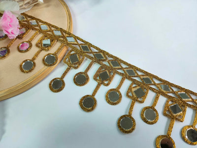 Suspended Mirror Work Sari Border: Gold Indian Lace Trim (7.5cm Wide)