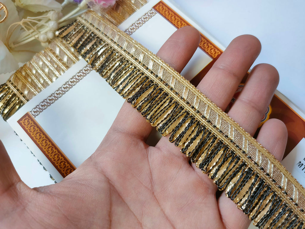 Black & Golden Fringe Lace Trim: Indian Sari Dupatta Embellishment (9 Yards)