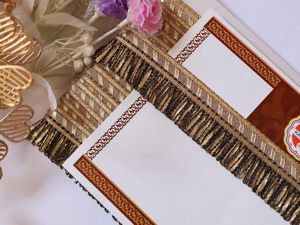 Black & Golden Fringe Lace Trim: Indian Sari Dupatta Embellishment (9 Yards)