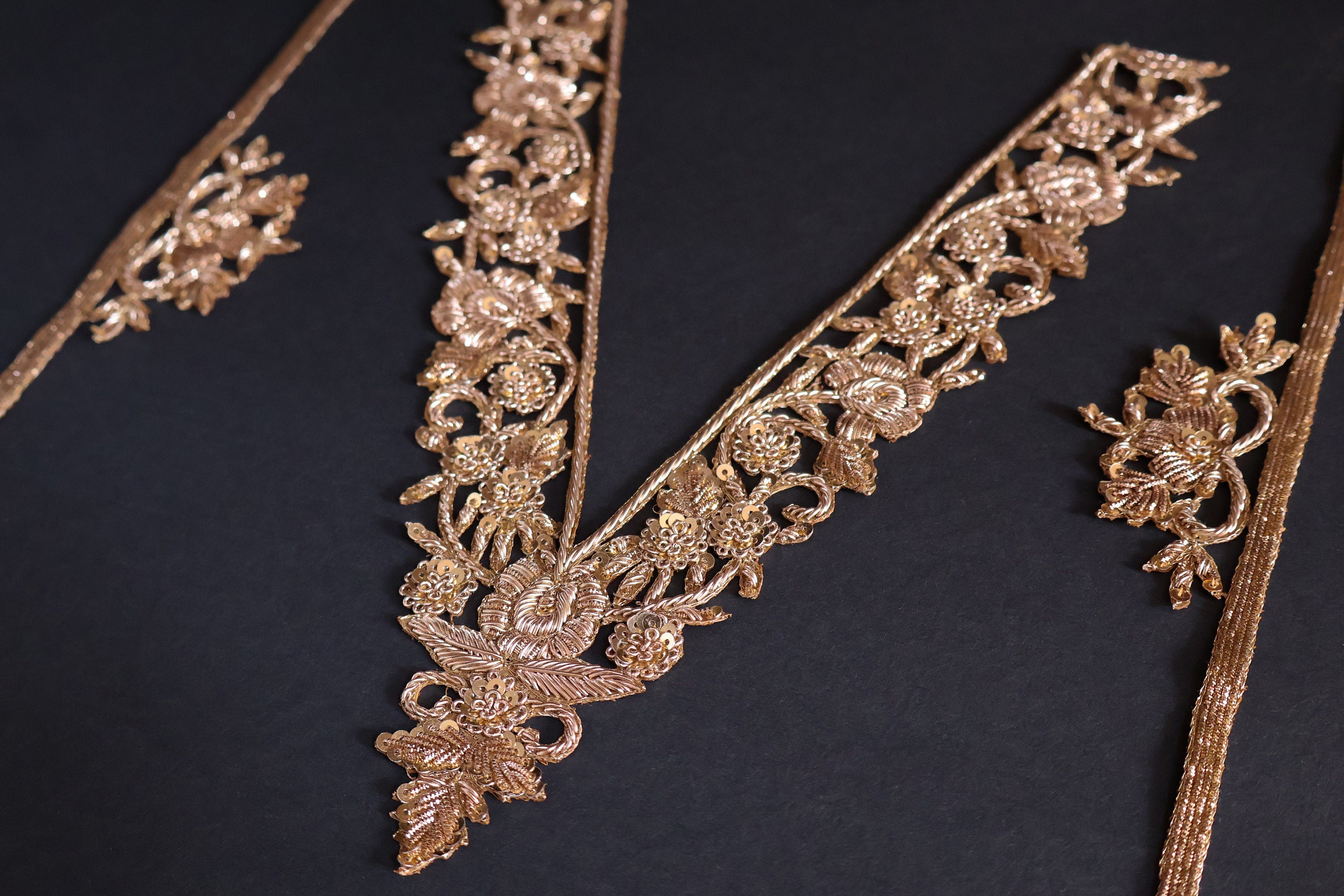 Gold Embroidered Neckline Applique Patch with Sleeves: Indian Brass Artwork