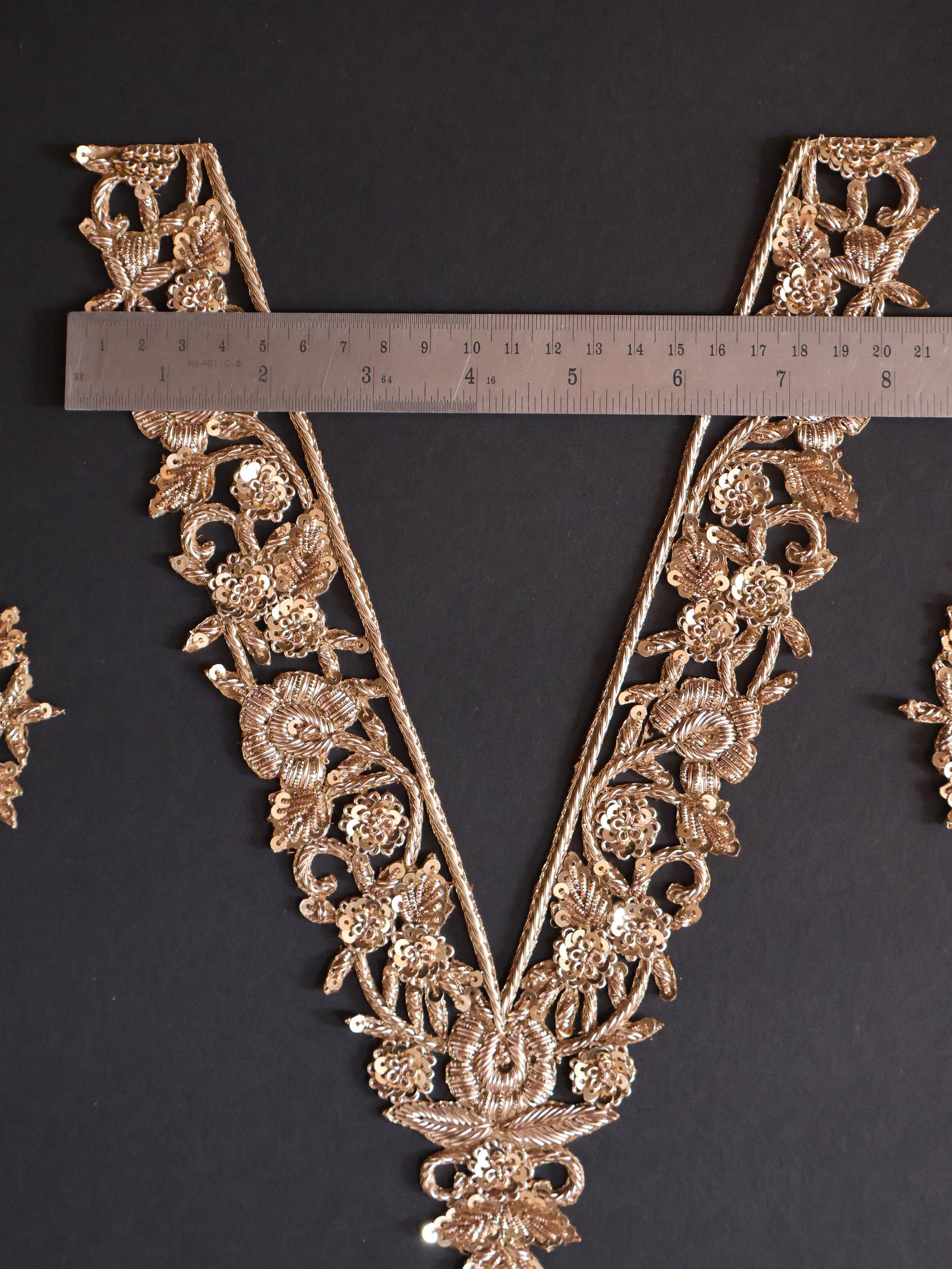 Gold Embroidered Neckline Applique Patch with Sleeves: Indian Brass Artwork