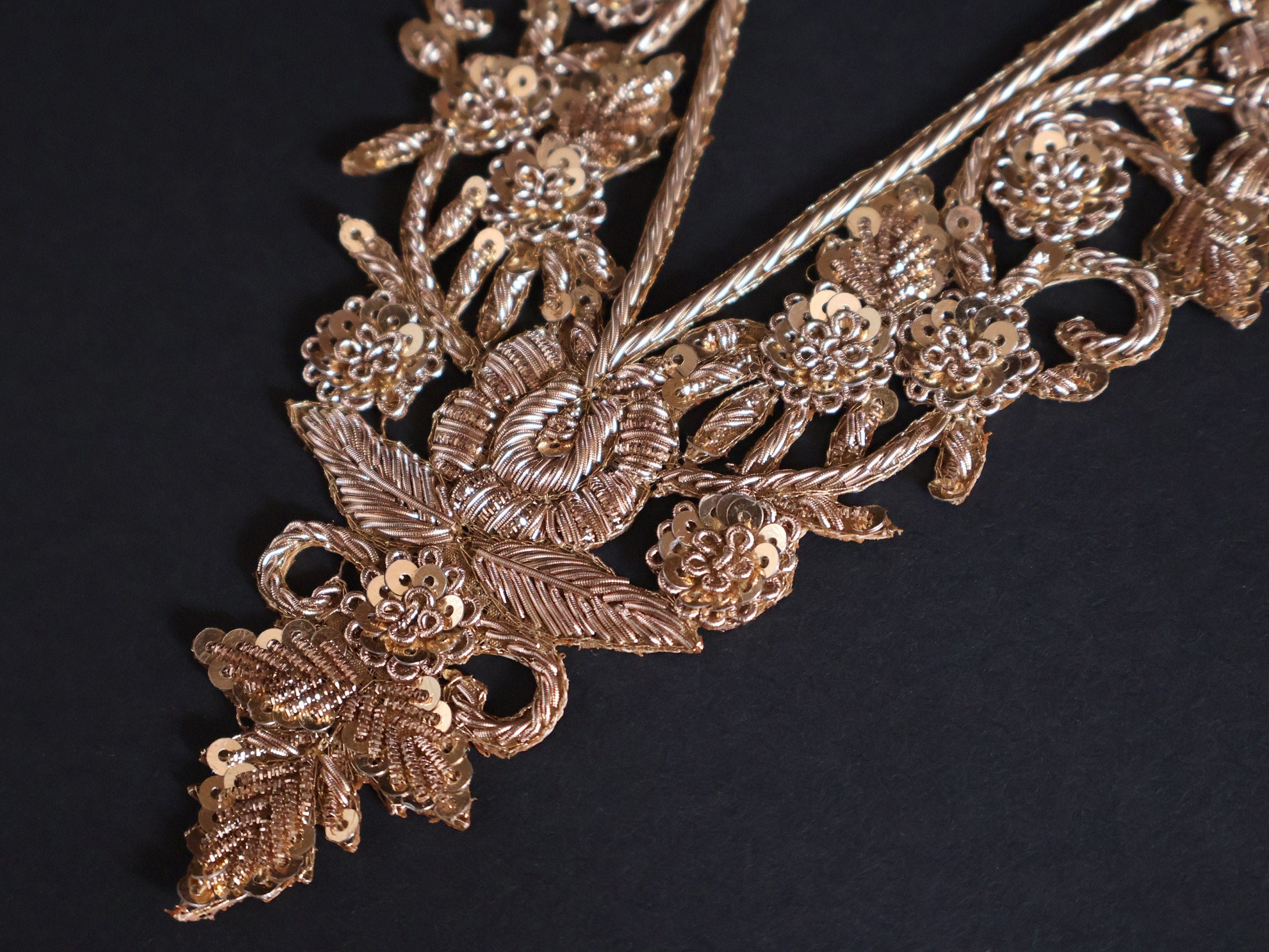 Gold Embroidered Neckline Applique Patch with Sleeves: Indian Brass Artwork