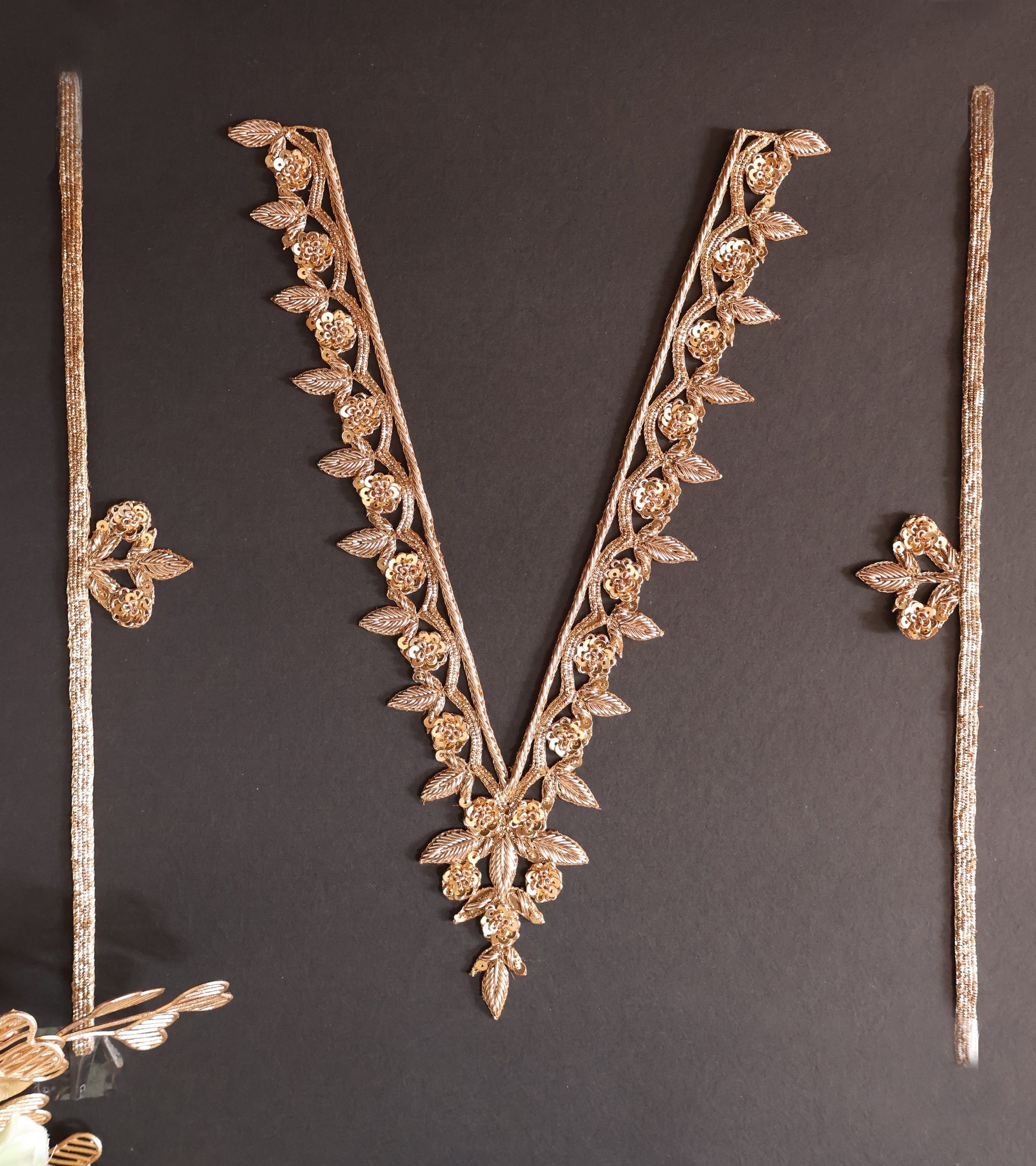 Gold Embroidered V Neck Applique: Indian Brass Floral Patch with Sleeves