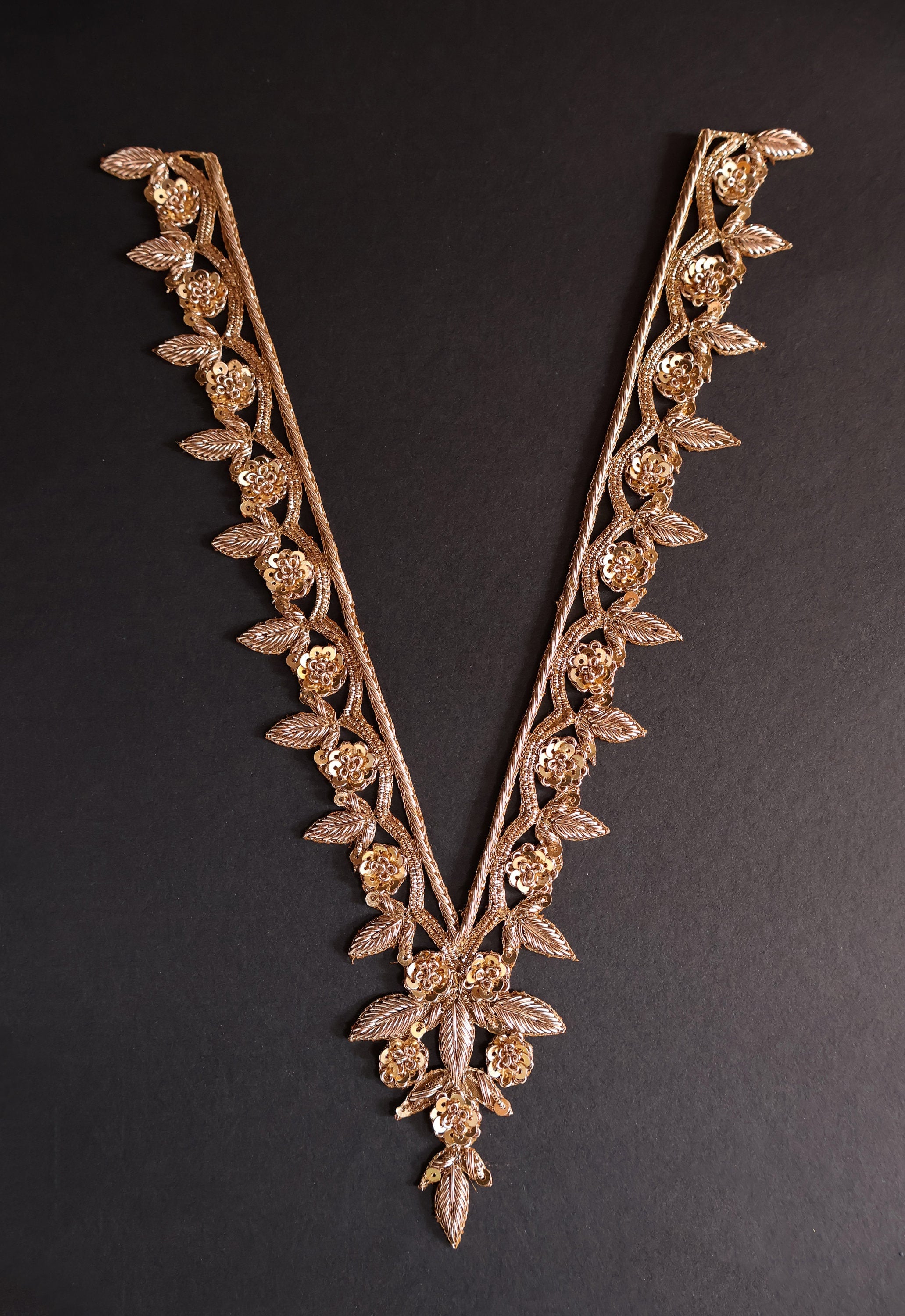 Gold Embroidered V Neck Applique: Indian Brass Floral Patch with Sleeves