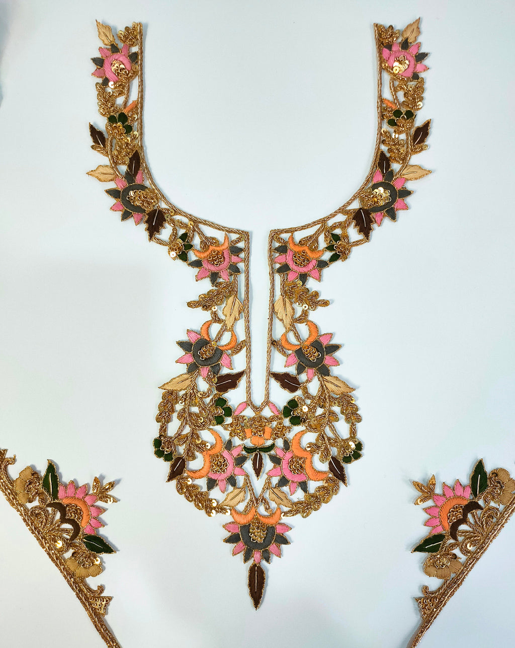 Embroidered Neckline Patch with Sleeves: Pastel Threadwork Zardozi Applique