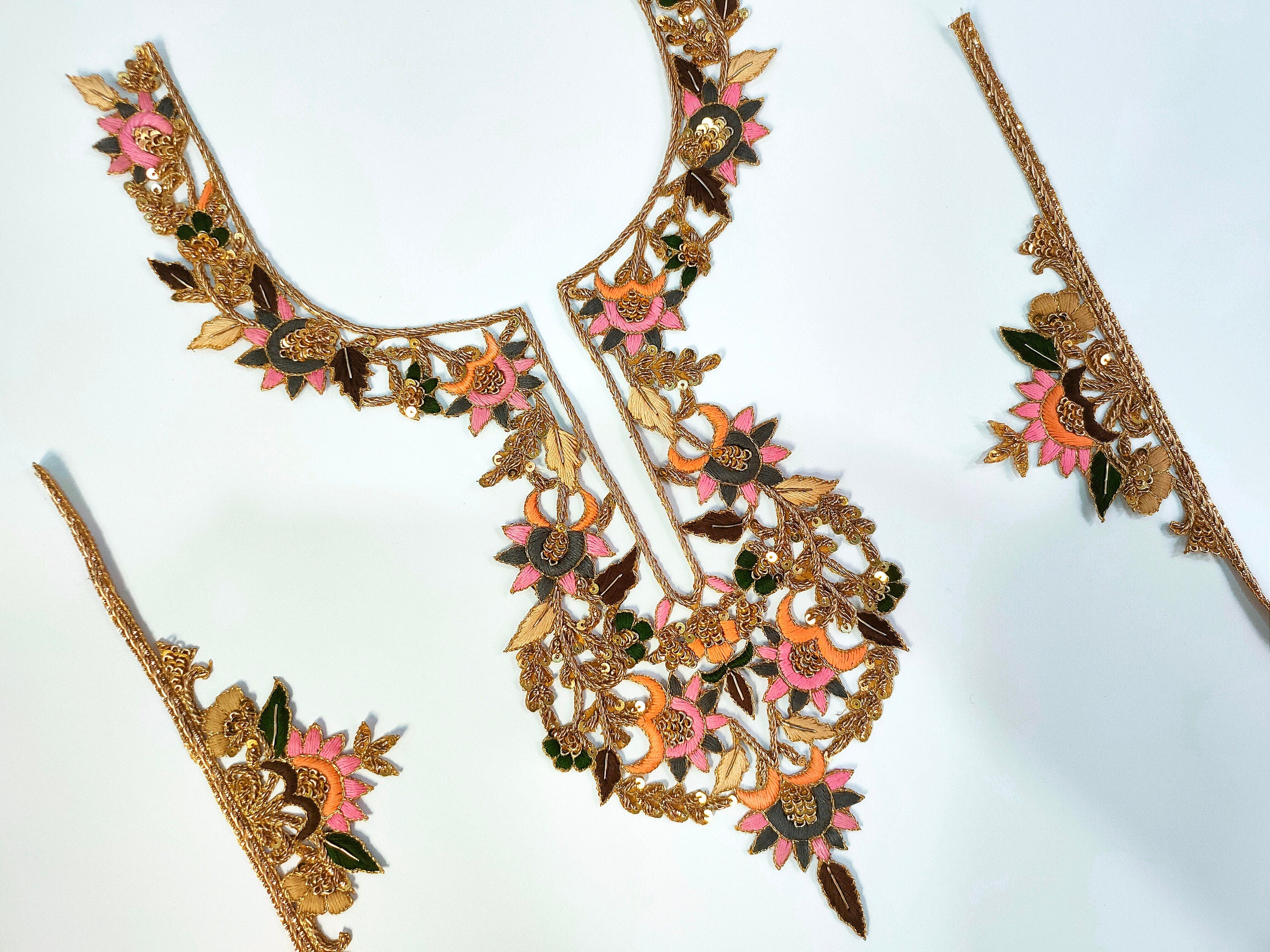 Embroidered Neckline Patch with Sleeves: Pastel Threadwork Zardozi Applique