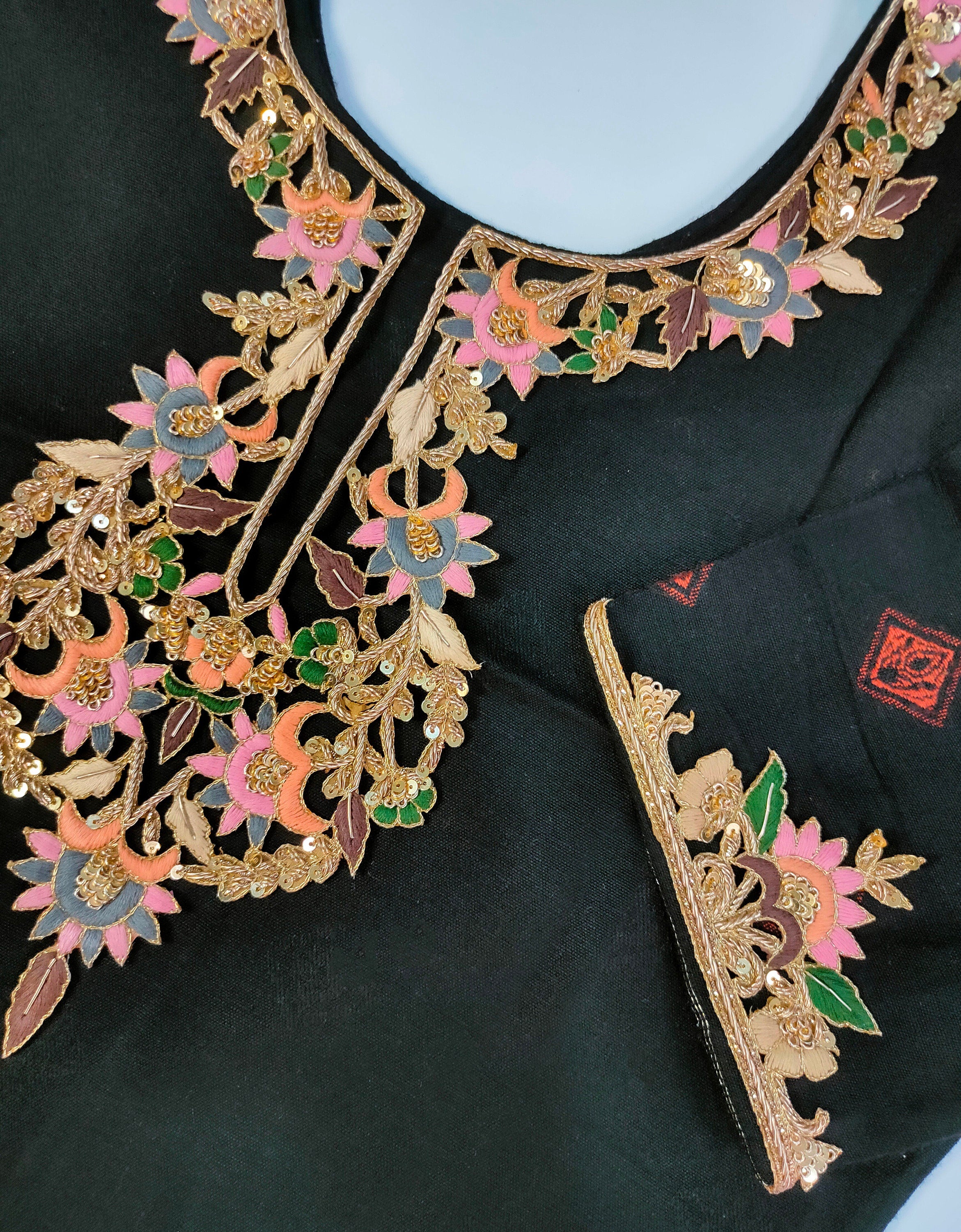 Embroidered Neckline Patch with Sleeves: Pastel Threadwork Zardozi Applique