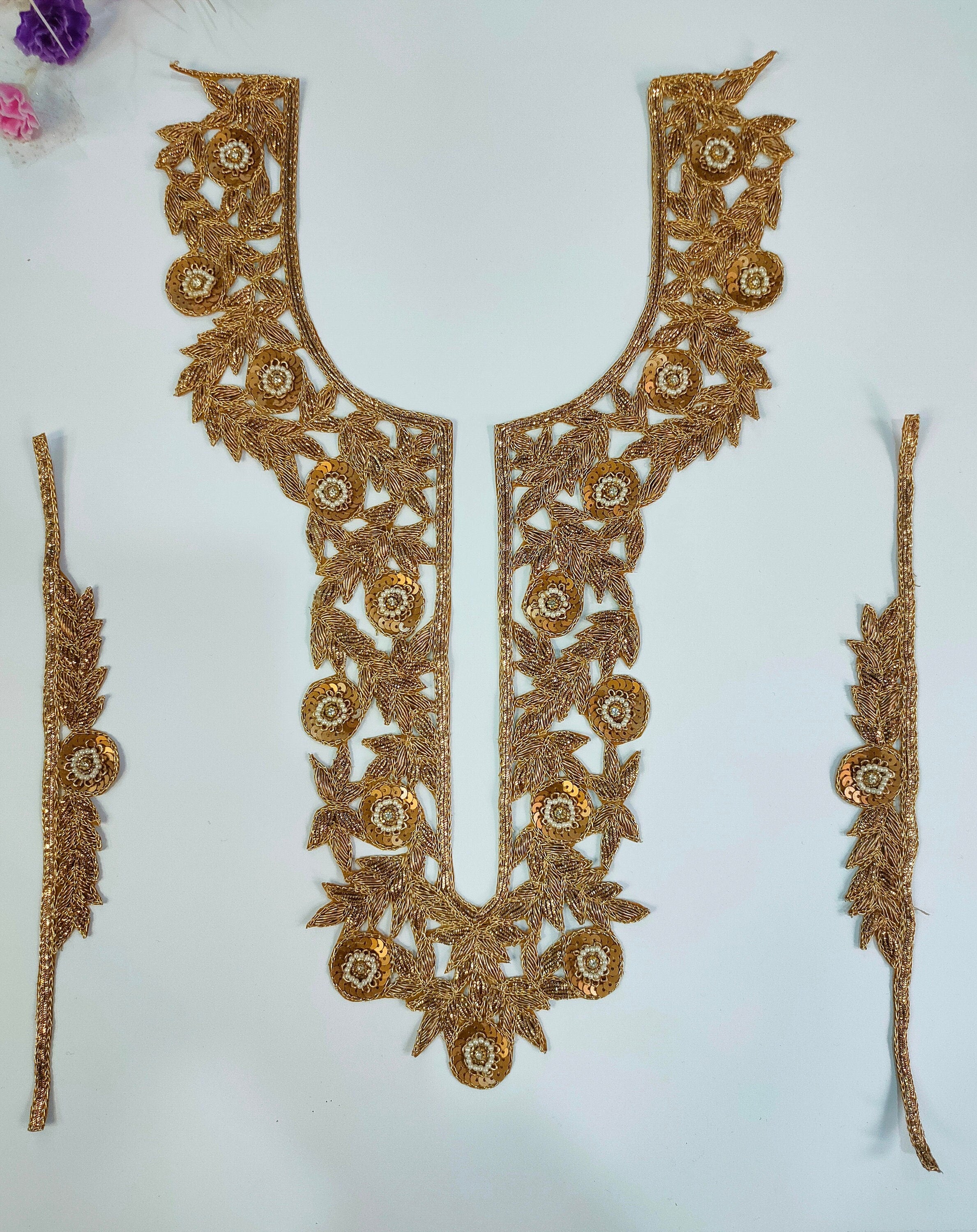 Embroidered Neckline Patch with Sleeves: Golden Zardozi Indian Applique