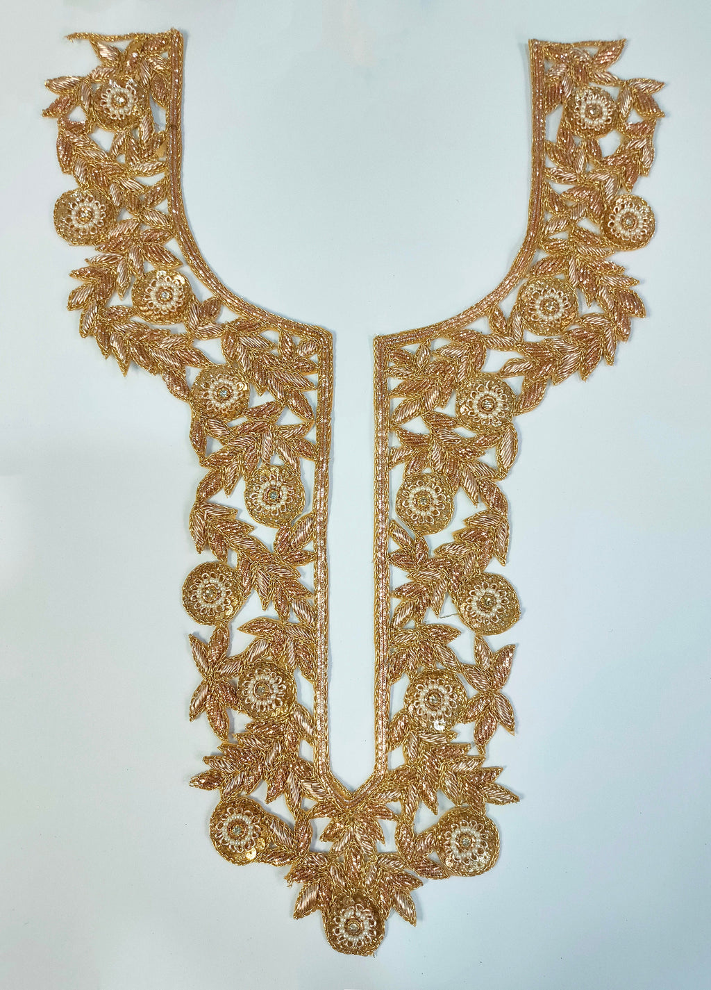 Rose Gold Embroidered Neckline Patch with Sleeves: Indian Zardozi Applique