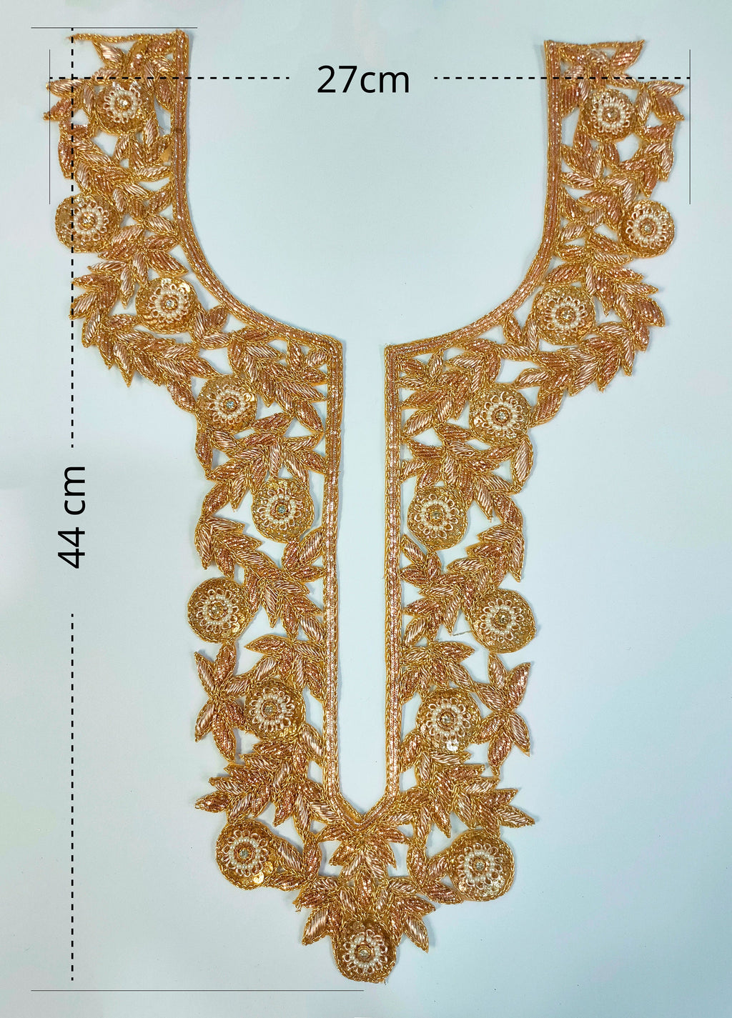 Rose Gold Embroidered Neckline Patch with Sleeves: Indian Zardozi Applique