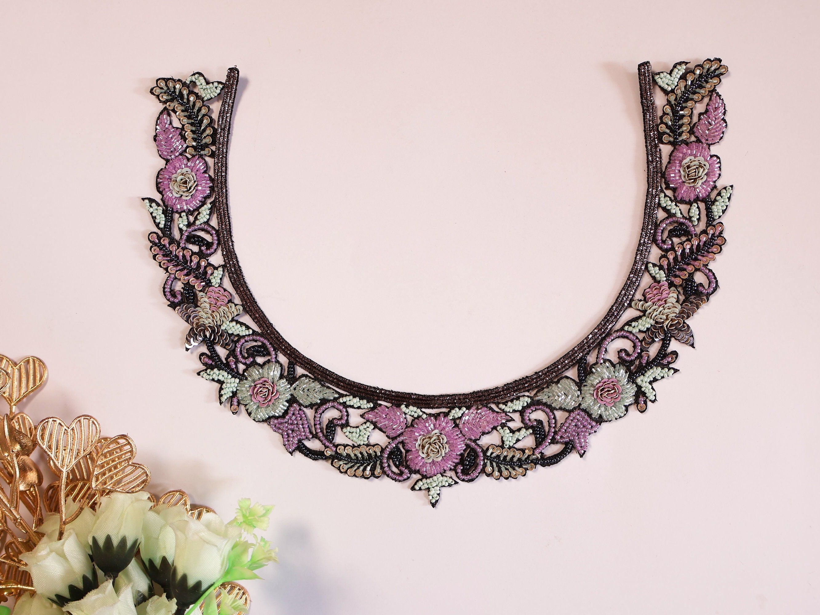 Floral Beaded Neckline Applique: Handcrafted Indian Embroidery with Sleeves