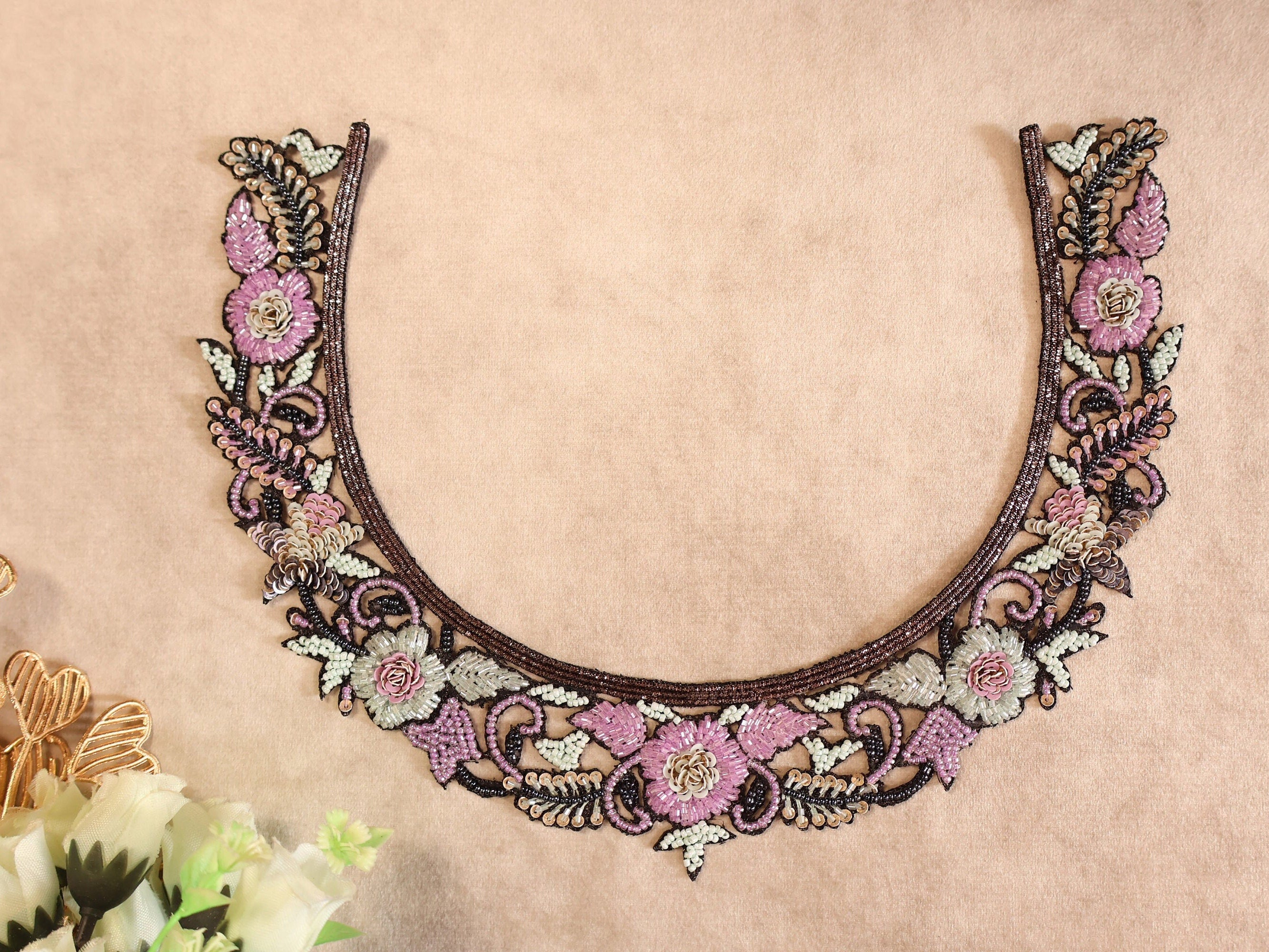 Floral Beaded Neckline Applique: Handcrafted Indian Embroidery with Sleeves