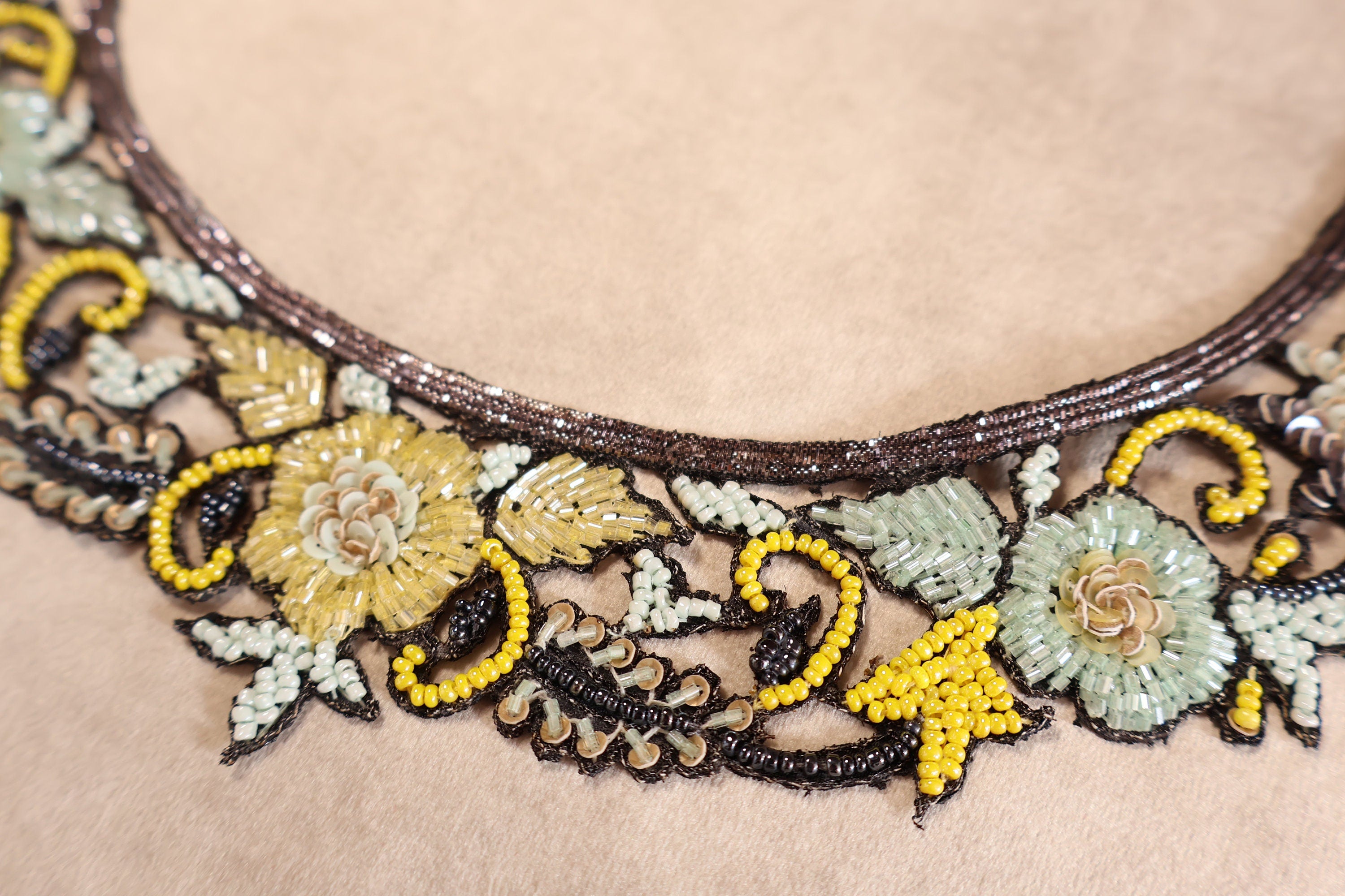 Embroidered Neckline Patch: Yellow & Aqua Glass Beads, Indian Artwork