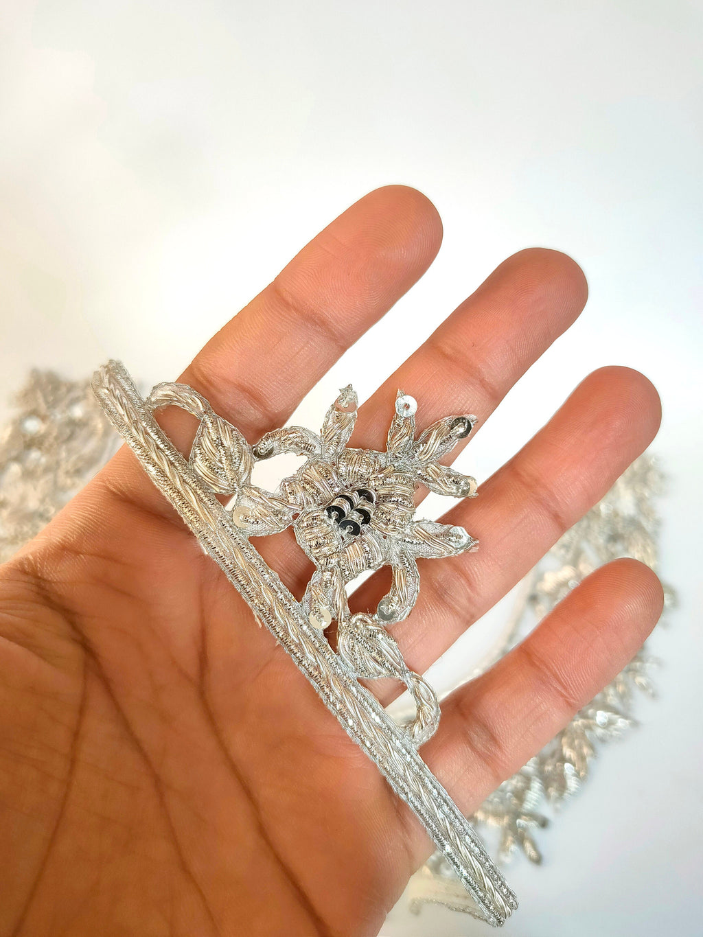 Silver Embroidered Applique: Handcrafted Indian Neckline Patch