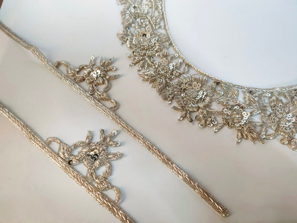 Silver Embroidered Applique: Handcrafted Indian Neckline Patch