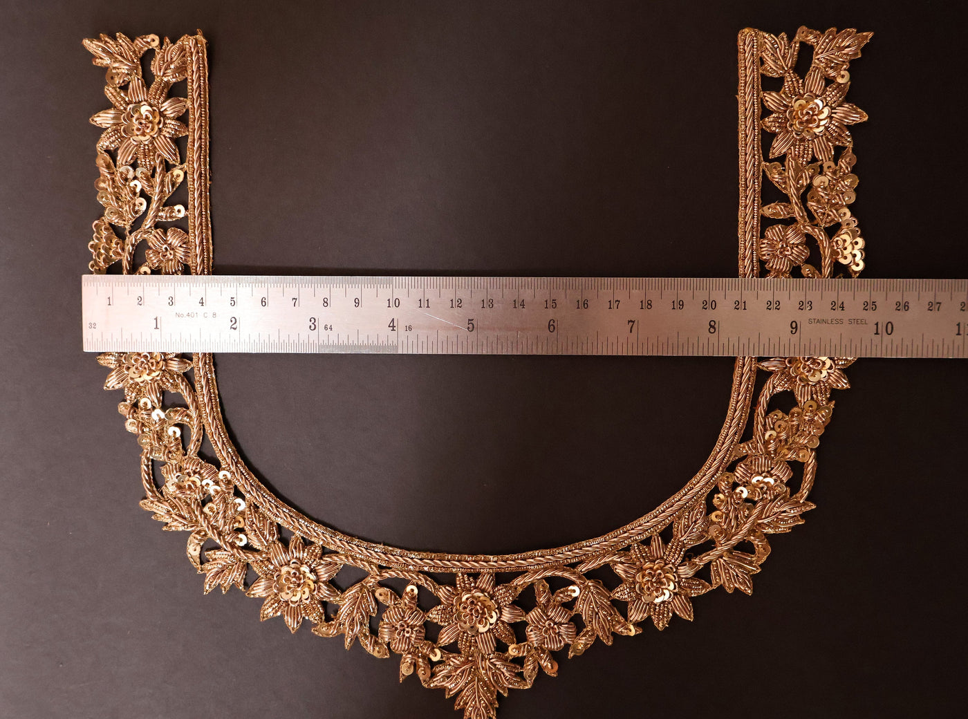 Antique Gold Embroidered Neckline Patch: Indian Brass Applique with Sleeves
