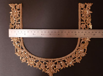 Antique Gold Embroidered Neckline Patch: Indian Brass Applique with Sleeves