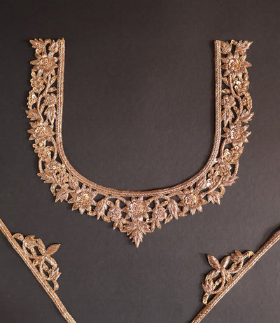 Antique Gold Embroidered Neckline Patch: Indian Brass Applique with Sleeves