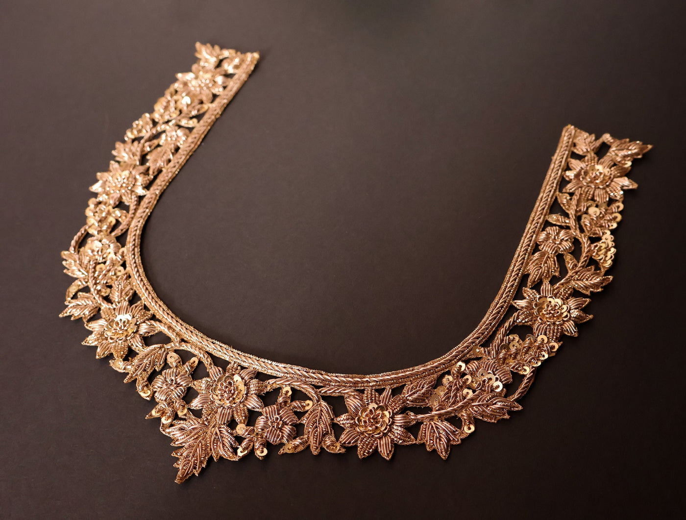 Antique Gold Embroidered Neckline Patch: Indian Brass Applique with Sleeves