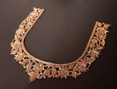 Antique Gold Embroidered Neckline Patch: Indian Brass Applique with Sleeves