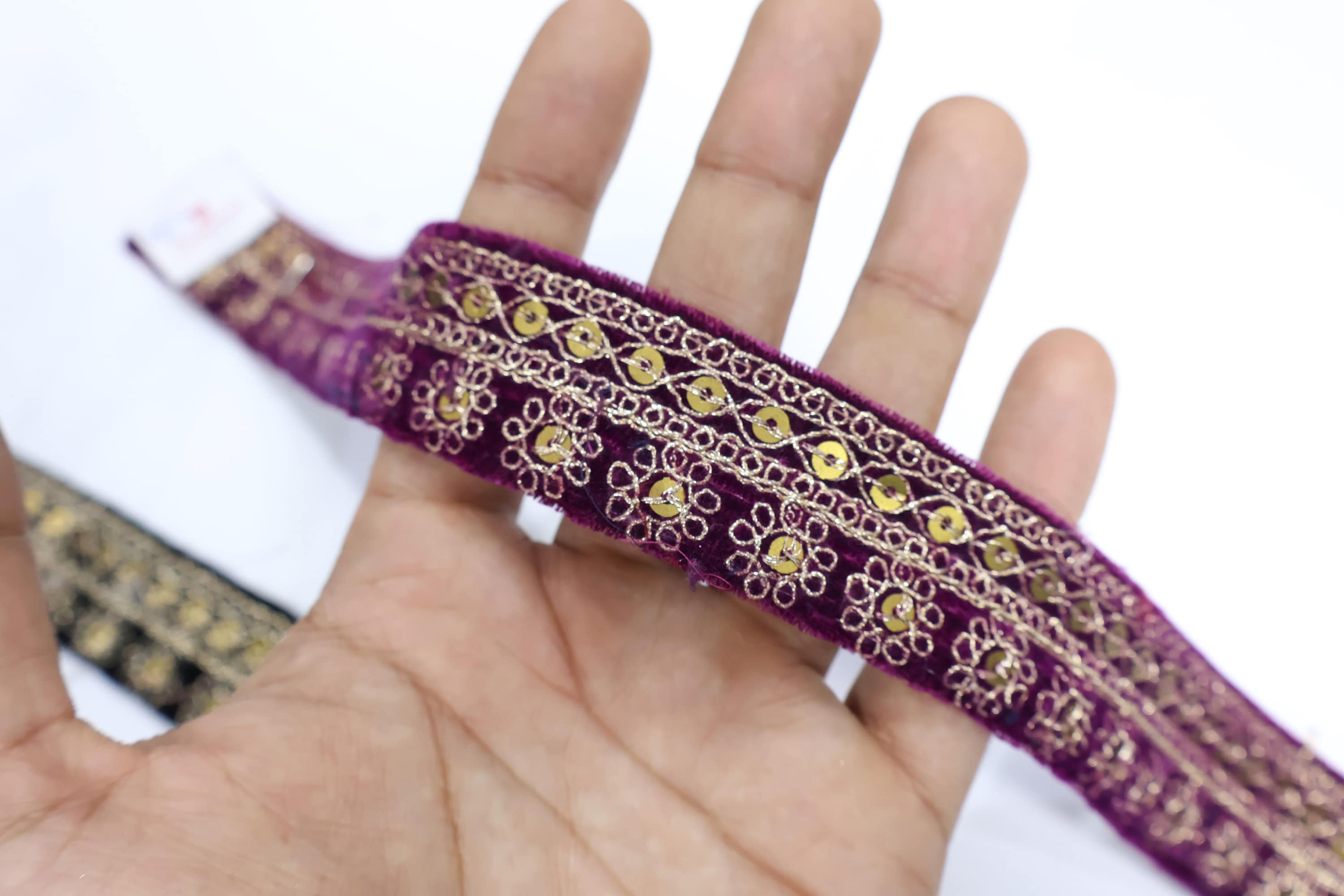 Purple Velvet Sequin Lace Trim: Indian Embroidered Zari Border (9 Yards)