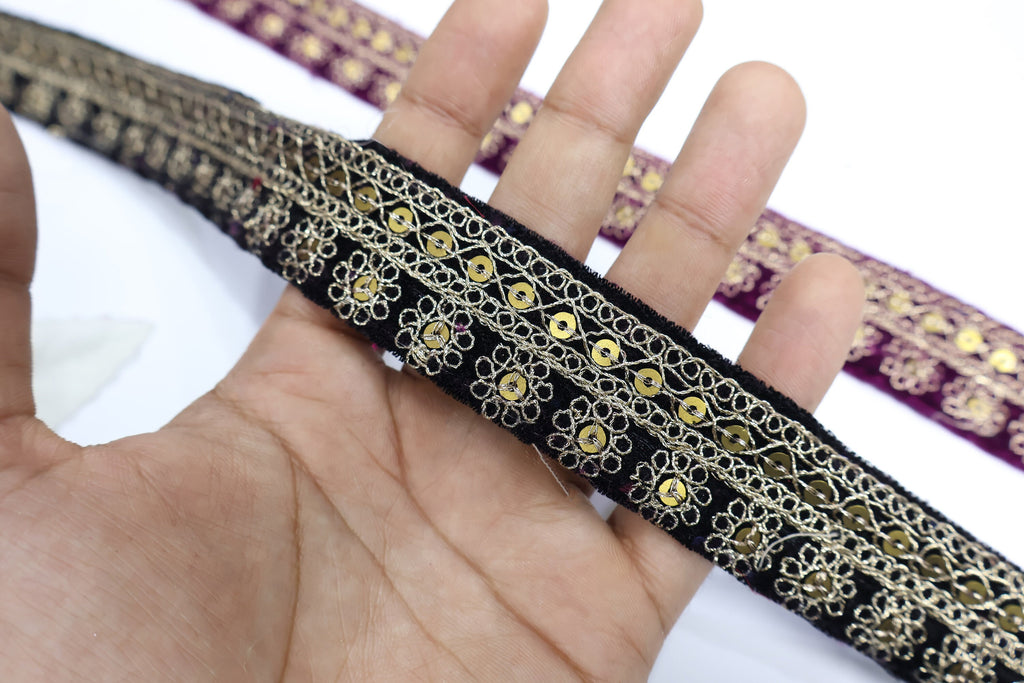 Purple Velvet Sequin Lace Trim: Indian Embroidered Zari Border (9 Yards)