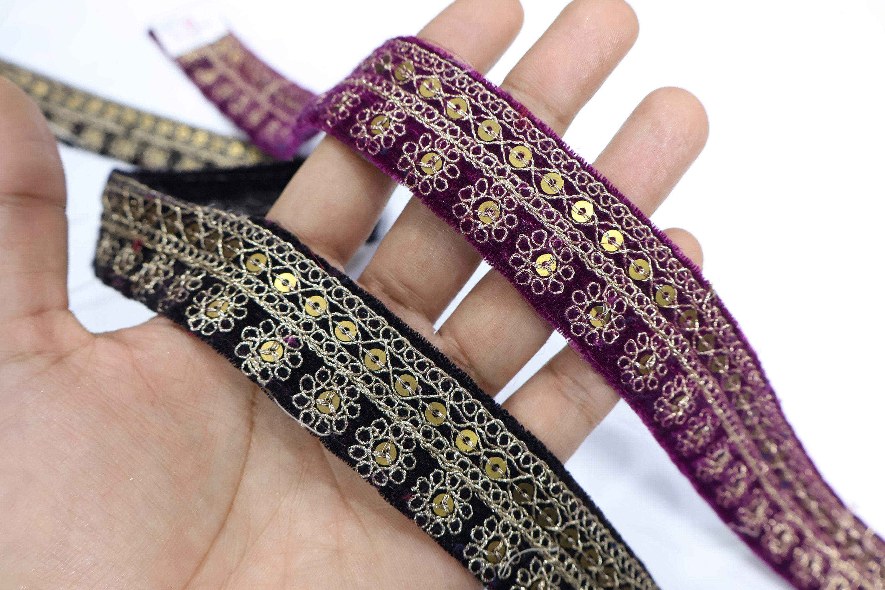 Purple Velvet Sequin Lace Trim: Indian Embroidered Zari Border (9 Yards)